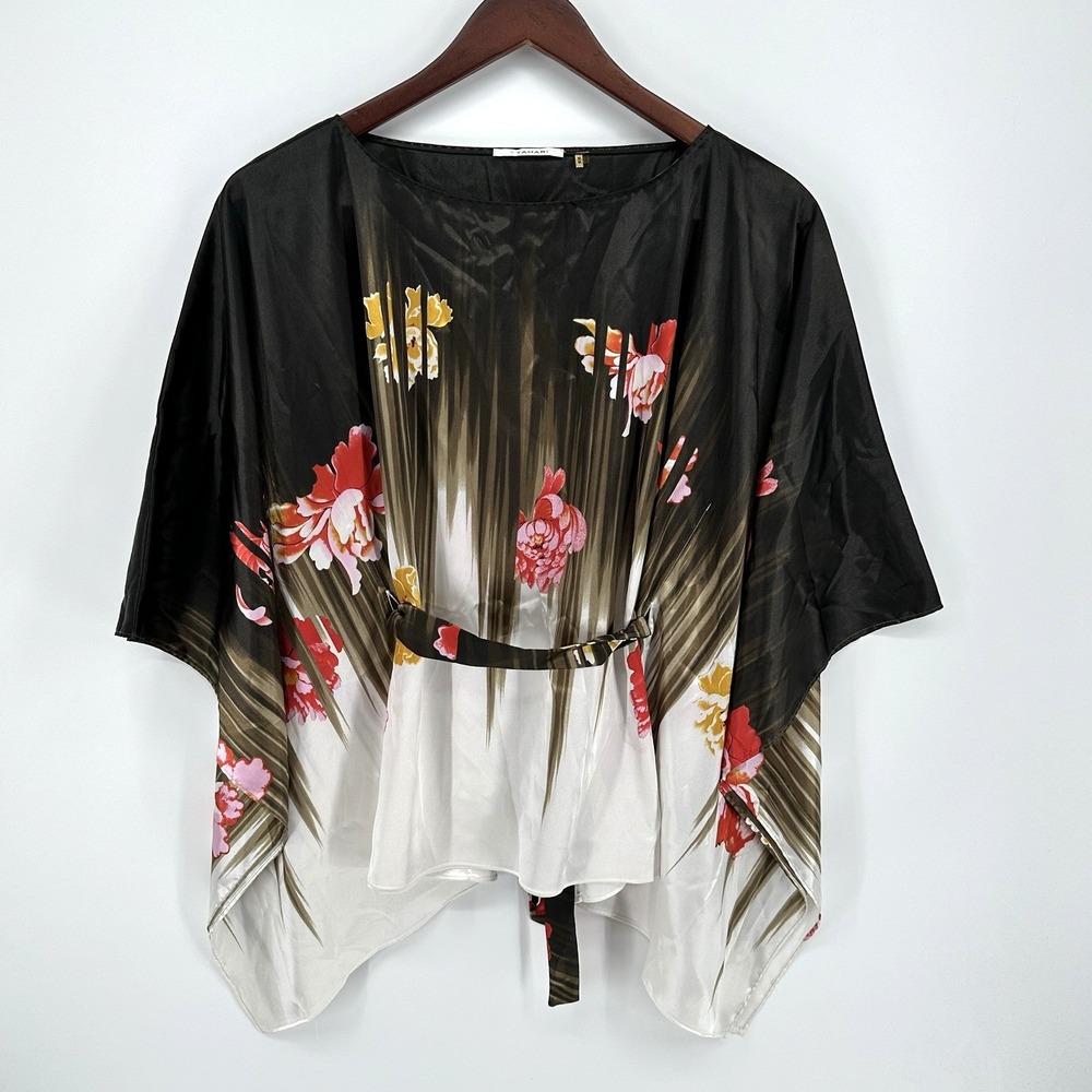 Tahari Top Francesca Boatneck Three Quarter Floral Printed  Satin Blouse M